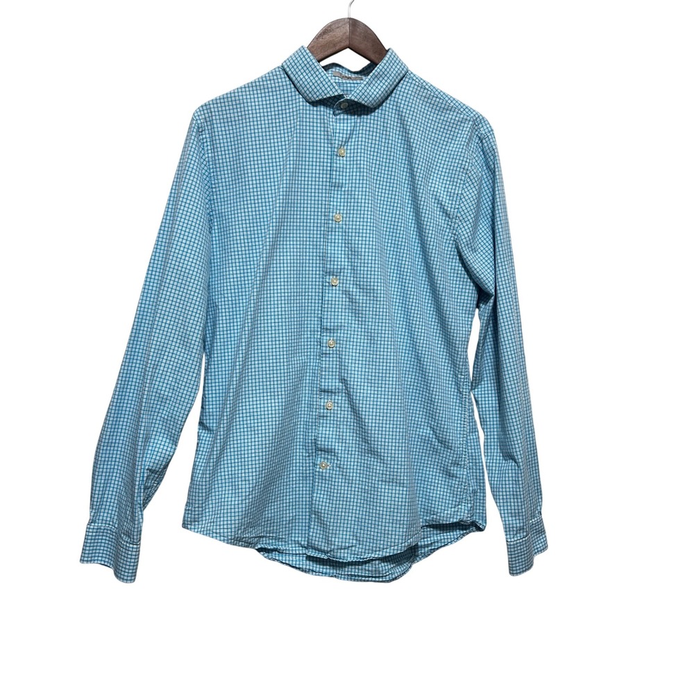 Express Men Preppy Business Casual Button Down L Blue Micro Check Fitted Shirt